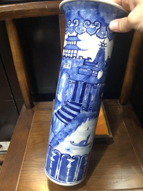 古玩陶瓷(新年放漏中)晚清-光緒-滕王閣山水青花紋花觚拍賣,當(dāng)前價(jià)格5890元