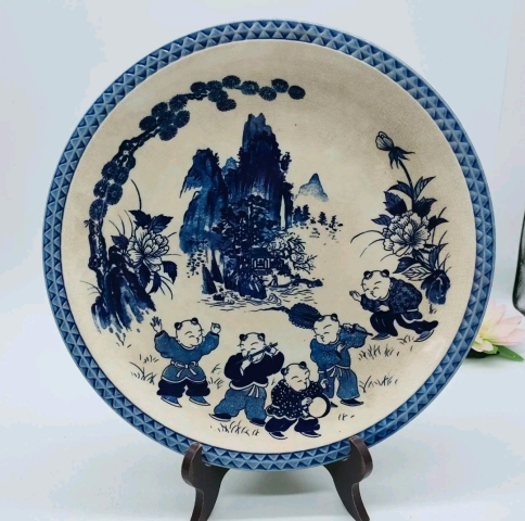 古玩陶瓷六十至八十年代青花嬰戲紋盤拍賣，當前價格298元