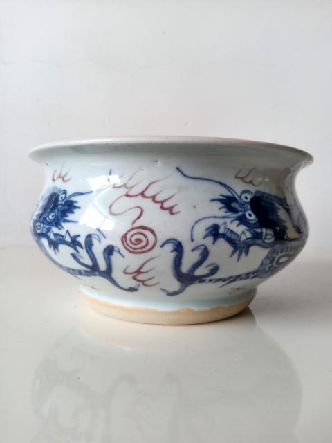 古玩陶瓷清代康熙至雍正青花釉里紅龍紋圈足缽式香爐拍賣,當前價格14800元