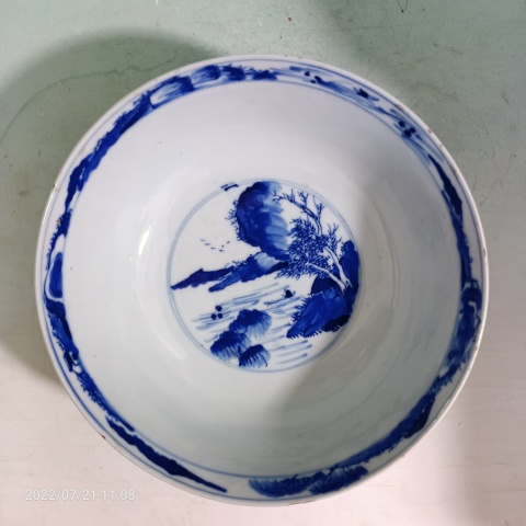 古玩陶瓷晚清康熙年制款山水紋青花碗拍賣，當前價格3999元