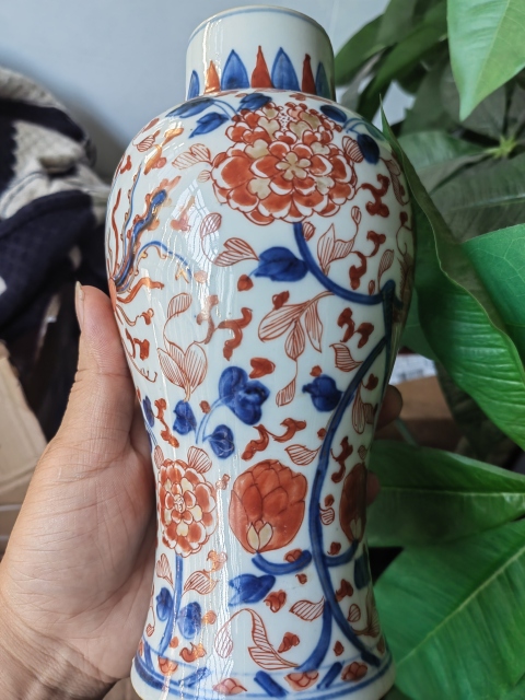 古玩陶瓷清代康熙青花礬紅鳳穿牡丹紋雞腿蓋瓶拍賣，當前價格6800元