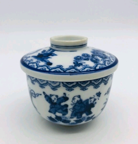 古玩陶瓷六十至八十年代嬰戲紋青花蓋碗拍賣，當前價格198元