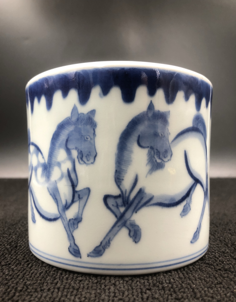 古玩陶瓷民國馬紋青花筆筒拍賣，當前價格1200元
