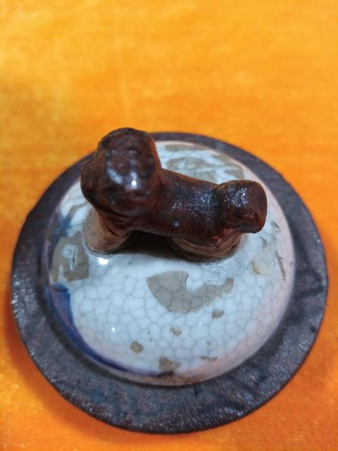古玩陶瓷哥釉地鐵銹釉青花三娘教子圖雞腿蓋瓶拍賣，當前價格2600元