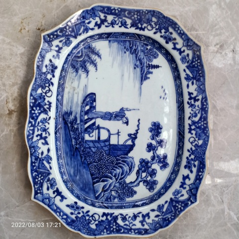 古玩陶瓷乾隆青花漁家樂葵口大方盤拍賣,當前價格3999元