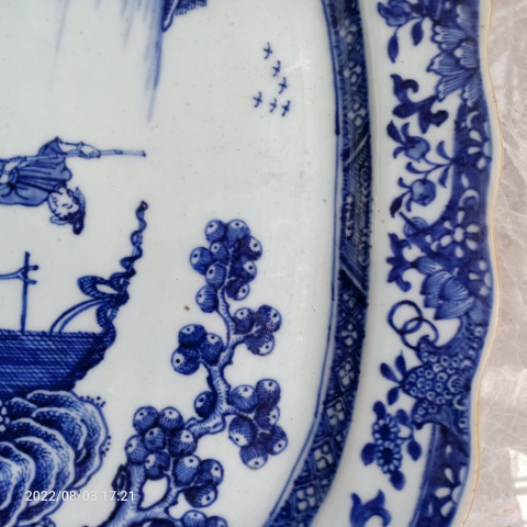 古玩陶瓷乾隆青花漁家樂葵口大方盤拍賣,當前價格3999元