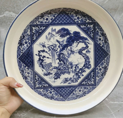 古玩陶瓷出口創匯期山水紋青花盤拍賣，當前價格398元