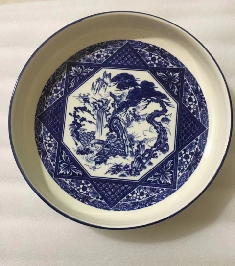 古玩陶瓷出口創匯期山水紋青花盤拍賣，當前價格398元