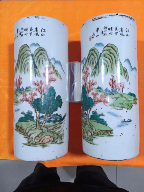 古玩陶瓷民國粉彩山水帽筒拍賣，當前價格2280元