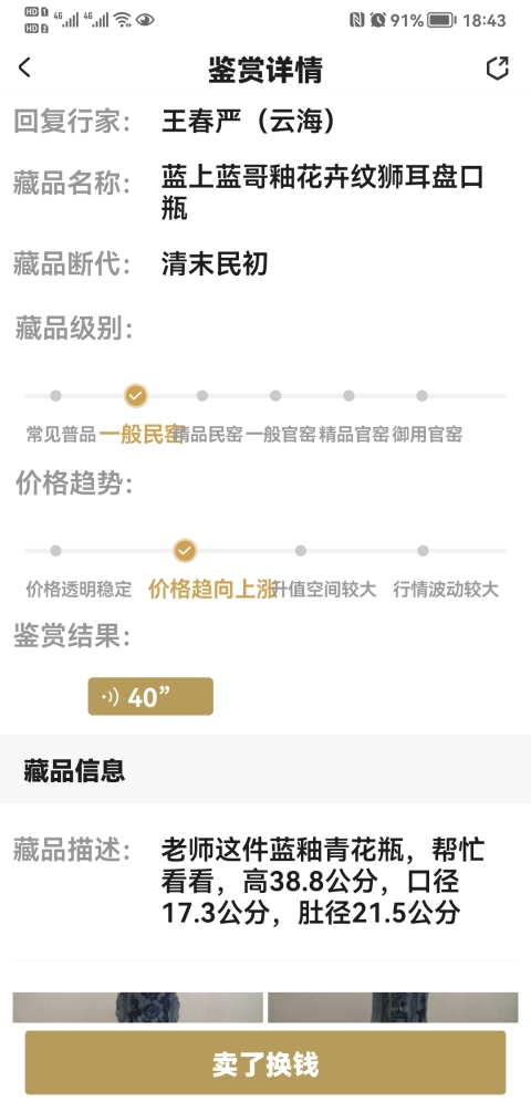 古玩陶瓷藍上藍哥釉花卉紋獅耳盤口瓶拍賣，當前價格998元