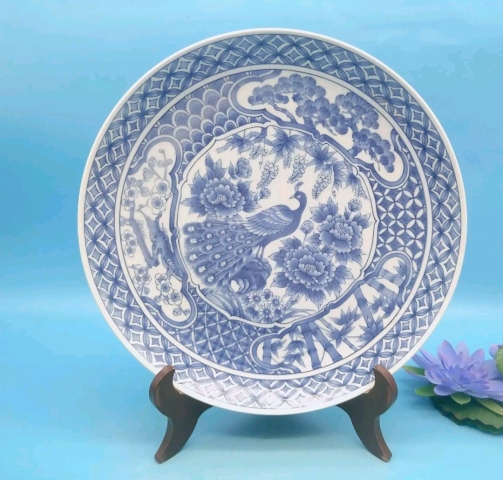 古玩陶瓷八十年代花鳥紋青花盤拍賣，當前價格298元