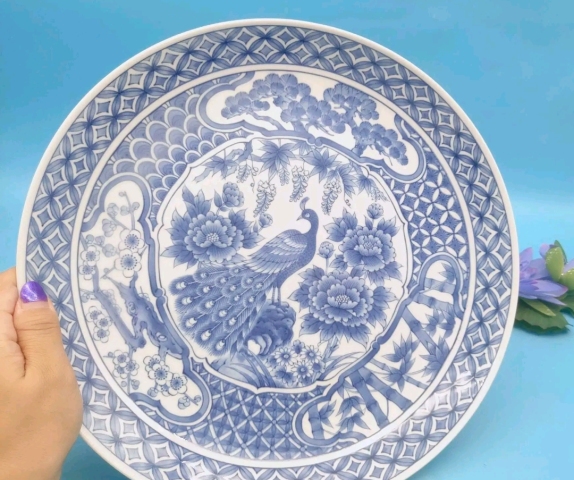 古玩陶瓷八十年代花鳥紋青花盤拍賣，當前價格298元