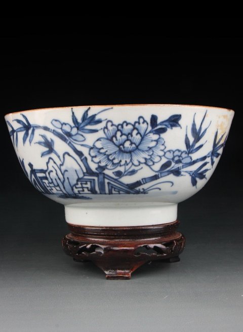 古玩陶瓷6653】清康熙  青花富貴永駐圖碗拍賣，當前價格3000元