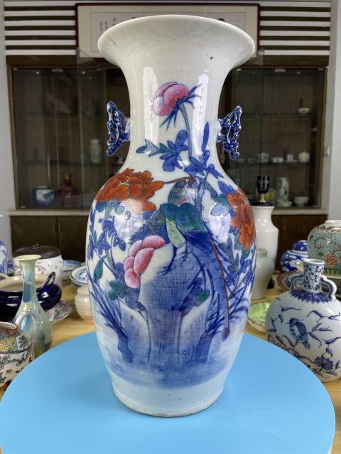 古玩陶瓷清道光 青花加彩雉雞牡丹圖撇口瓶拍賣,當前價格2880元