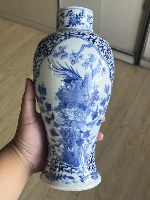 古玩陶瓷晚清雉雞牡丹紋青花雞腿蓋瓶拍賣，當前價格4500元