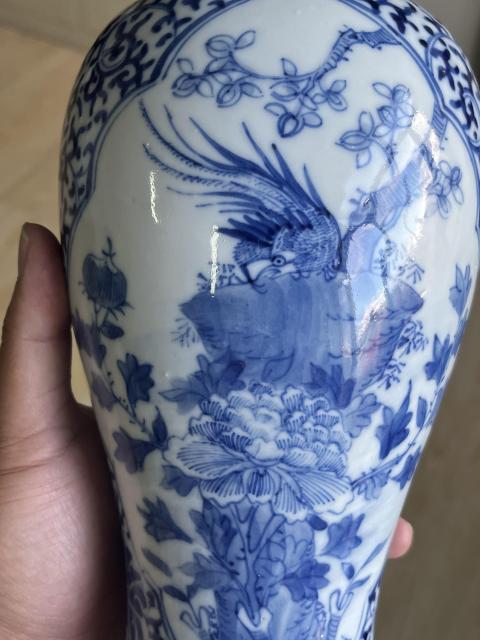 古玩陶瓷晚清雉雞牡丹紋青花雞腿蓋瓶拍賣，當前價格4500元