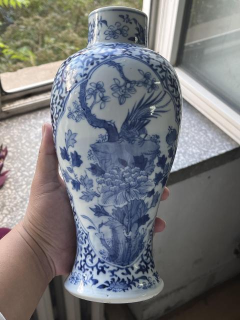 古玩陶瓷晚清雉雞牡丹紋青花雞腿蓋瓶拍賣，當前價格4500元