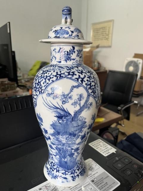 古玩陶瓷晚清雉雞牡丹紋青花雞腿蓋瓶拍賣，當前價格4500元