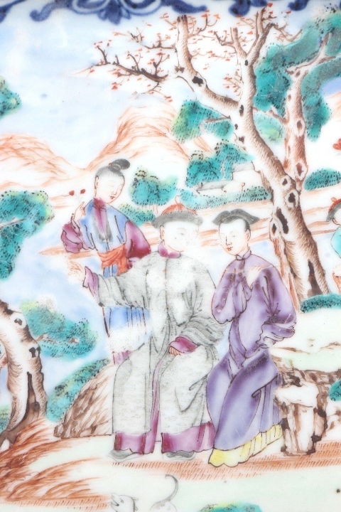 古玩陶瓷【SJ-112】清乾隆 青花加彩庭院滿大人人物故事圖方盤拍賣,當前價格25000元
