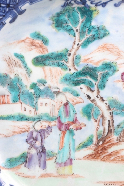 古玩陶瓷【SJ-112】清乾隆 青花加彩庭院滿大人人物故事圖方盤拍賣,當前價格25000元