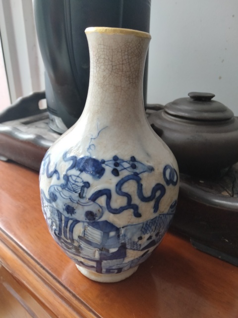 古玩陶瓷清中期哥釉青花天球瓶拍賣,當前價格800元