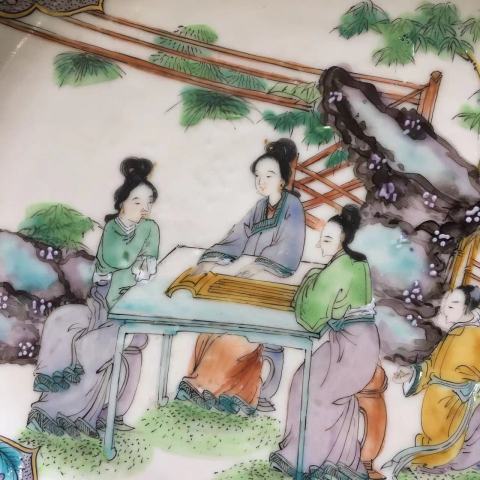 古玩陶瓷晚清細路廣彩侍女紋盤拍賣,當前價格3500元