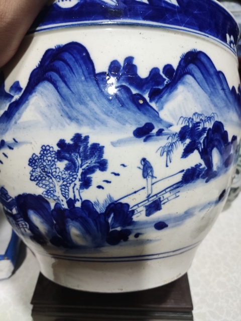 古玩陶瓷晚清山水紋青花缸拍賣，當前價格3988元