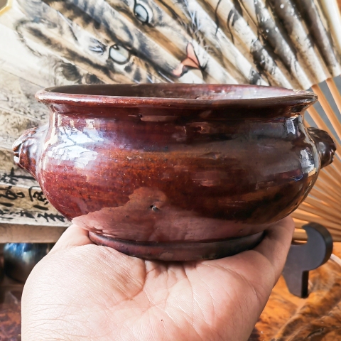 古玩陶瓷【帶保真卡】清中晚期道光-光緒 褐釉雙獅耳爐拍賣,當前價格4500元