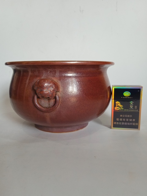 古玩陶瓷晚清鐵紅釉雙鋪首圈足香爐拍賣,當前價格4500元
