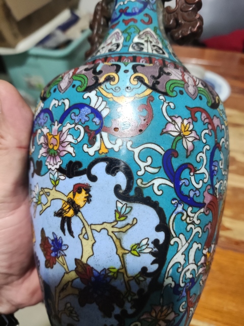 古玩雜項實物保真晚清民國景泰藍掐絲琺瑯花瓶拍賣，當前價格2480元