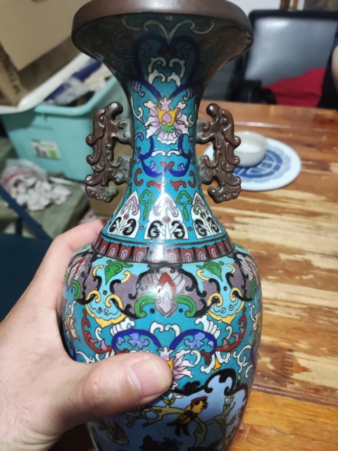 古玩雜項實物保真晚清民國景泰藍掐絲琺瑯花瓶拍賣，當前價格2480元