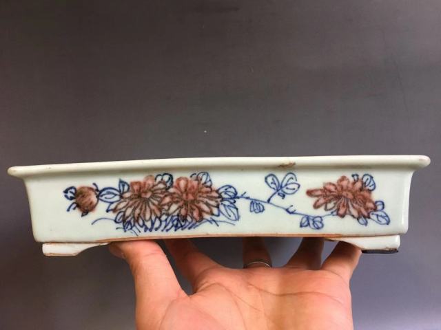 古玩陶瓷嘉慶青花釉里紅水仙盆拍賣,當前價格9000元