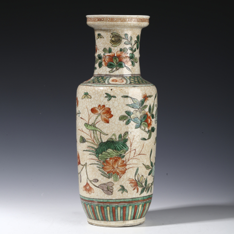 古玩陶瓷晚清·哥釉五彩四季花卉紋棒槌瓶拍賣，當前價格6600元