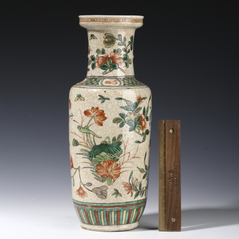 古玩陶瓷晚清·哥釉五彩四季花卉紋棒槌瓶拍賣，當前價格6600元