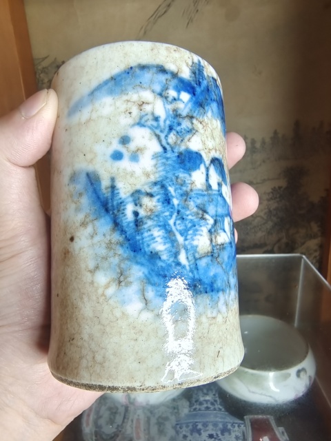古玩陶瓷晚清哥釉地青花山水紋筆筒拍賣,當前價格2999元