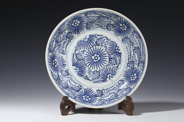 古玩陶瓷清中?青花太陽花盤拍賣，當前價格966元