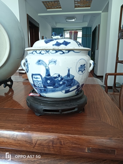 古玩陶瓷光緒青花博古圖粥罐拍賣，當前價格1200元
