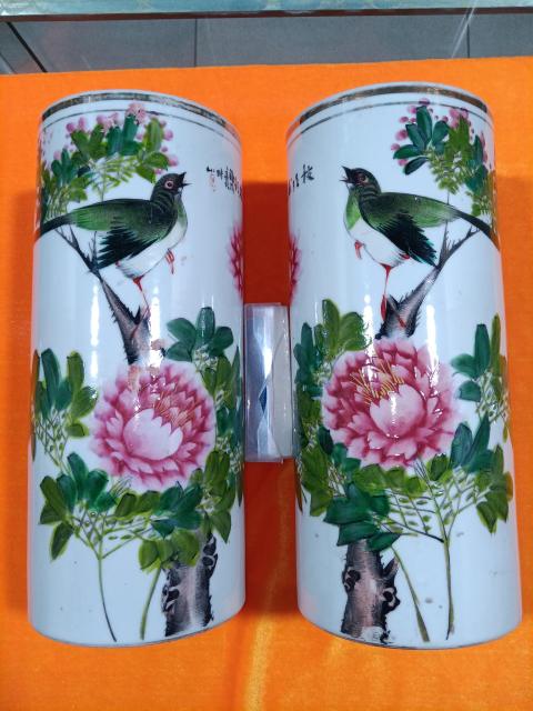 古玩陶瓷淺降花鳥帽筒一對拍賣，當前價格1800元
