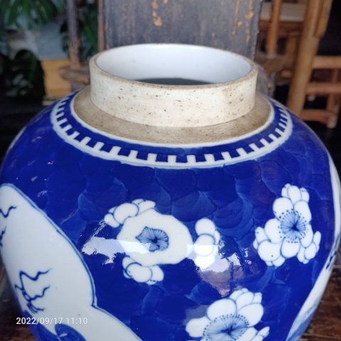 古玩陶瓷晚清青花留白梅紋開光瑞獸紋青花罐拍賣，當前價格6666元
