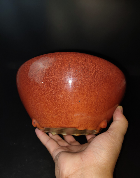 古玩陶瓷紅釉三乳足香爐拍賣，當(dāng)前價(jià)格3800元