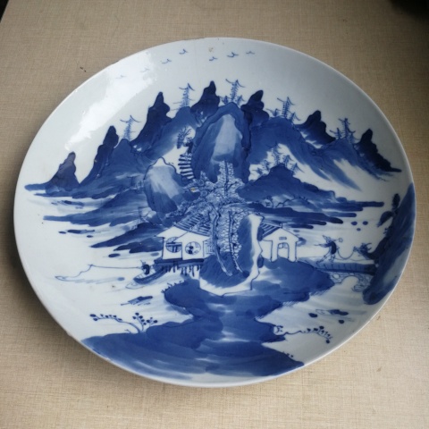 古玩陶瓷晚清樵漁耕讀山水紋青花盤拍賣,當前價格800元