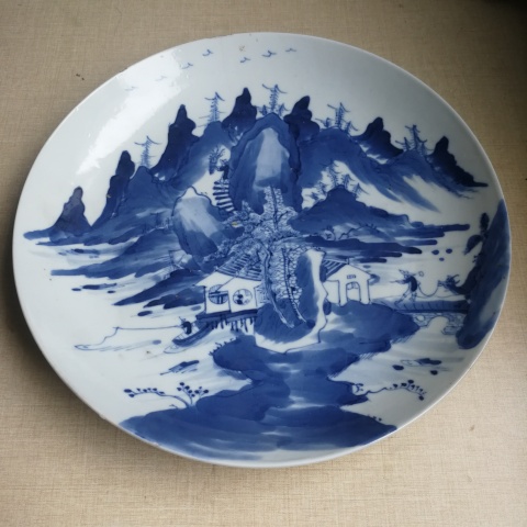 古玩陶瓷晚清樵漁耕讀山水紋青花盤拍賣,當前價格800元