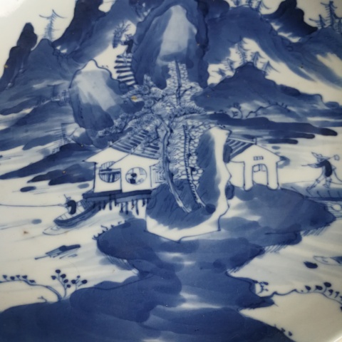 古玩陶瓷晚清樵漁耕讀山水紋青花盤拍賣,當前價格800元
