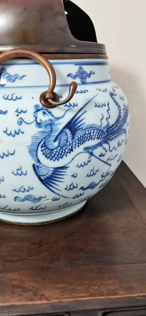 古玩陶瓷清代雍正龍鳳紋青花四系粥罐拍賣,當前價格48000元