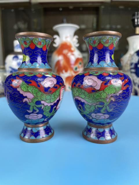 古玩陶瓷銅胎 掐絲琺瑯彩  龍紋盤口瓶一對拍賣，當前價格650元