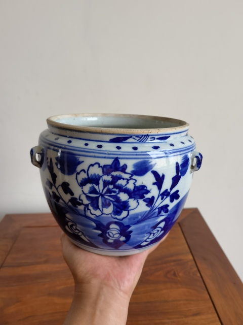 古玩陶瓷晚清牡丹紋青花四系粥罐拍賣,當前價格450元