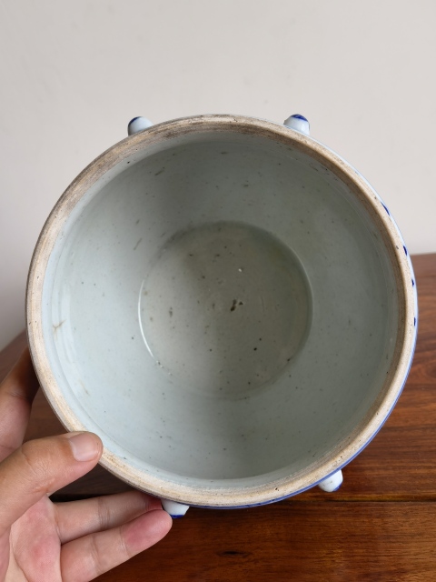 古玩陶瓷晚清牡丹紋青花四系粥罐拍賣,當前價格450元