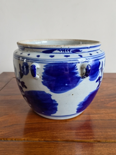古玩陶瓷晚清牡丹紋青花四系粥罐拍賣,當前價格450元
