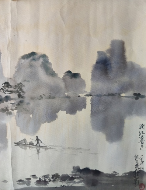古玩字畫老中美協會員中國舞美學會理事鄧紹義水彩畫漓江暮色軟片拍賣，當前價格999元