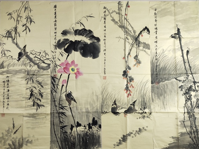 古玩字畫(己保真)中國美術(shù)家協(xié)會理事.教授 馬新林《花鳥四屏》拍賣，當前價格3699元